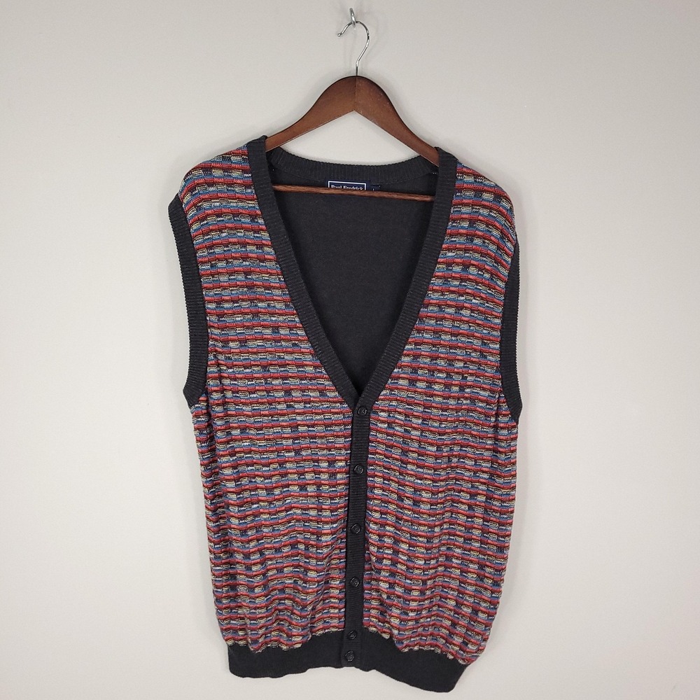 Paul Fredrick Sweater Vest Men Large Gray Multicolor CardiganButton Front Cotton